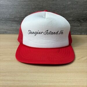 Vintage Tangier Island Hat Cap Snapback Red White Trucker Adjustable